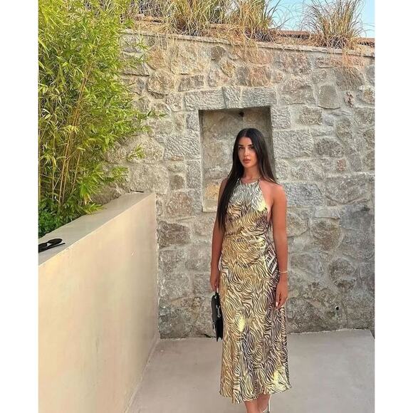 Zara Tiger Print Metallic Gold Midi Dress with Open Back Halter Top Size Small - Picture 1 of 11